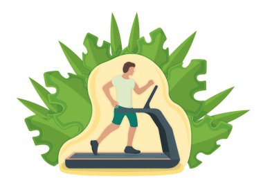 Koşu bandında arka planda koşan bir adam, erkek spor egzersizleri yapıyor. Beyaz, düz vektör çiziminde izole edilmiş. Karakter, spor simülatörüyle evine dönüyor, spor müsabakası için antrenman yapıyor..