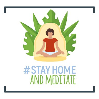 Kadın karakter meditasyon yapar ve rahatlar, konsept beyaz, düz vektör illüstrasyonuyla evde yalnız kalır. Kadın yogası, Asya geleneksel deneyimi, zihinsel ve fiziksel sağlık hizmetleri.