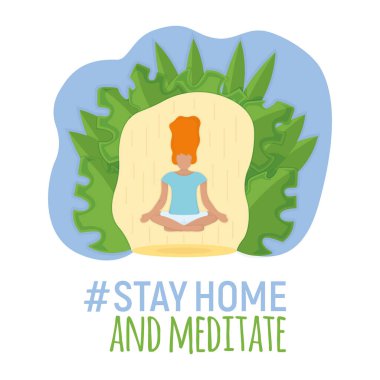 Kadın karakter meditasyon yapar ve rahatlar, konsept beyaz, düz vektör illüstrasyonuyla evde yalnız kalır. Kadın yogası, Asya geleneksel deneyimi, zihinsel ve fiziksel sağlık hizmetleri.