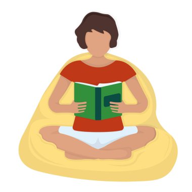 Karakter, yumuşak çantalı ve kitap okuyan bir kadın. Mavi, düz vektör illüstrasyonunda izole edilmiş bir kadın. Samimi modern iç mekan oyunu yere oturmak için..
