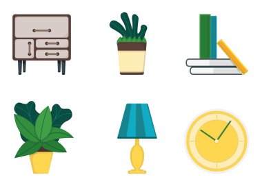 Nesnelerin iç mekan simgesi, kitap, yeşil yaprak tenceresi, beyaz üzerine izole edilmiş komodin ve lamba, düz vektör çizimleri. Ev dekorasyonu, rahat nesne.
