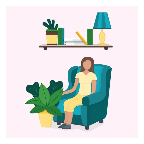 文字の女性は緑の葉の鍋で椅子に座って 女性の残りの部分とピンクのフラットベクトルイラストに隔離された睡眠 居心地の良いモダンなインテリア棚とハイチェア — ストックベクタ