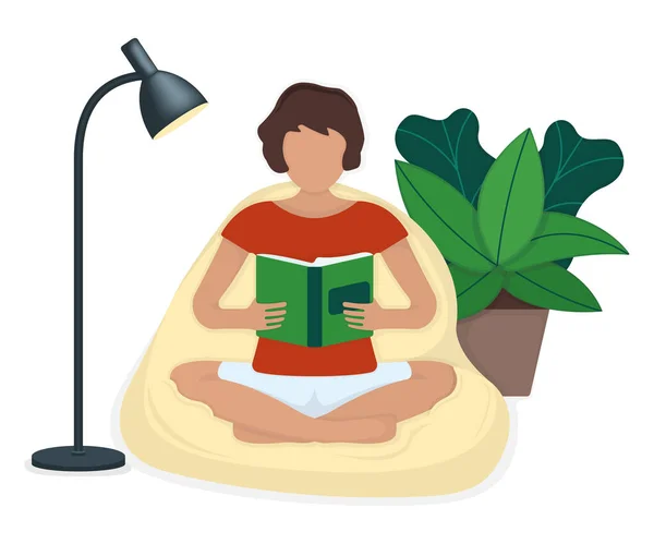 文字の女性は柔らかい袋に座って 緑の葉の鍋や床ランプで本を読んで 女性の残りの部分は青 フラットベクトルイラストに隔離された 居心地の良いモダンなインテリアチェアとフロアエリア — ストックベクタ
