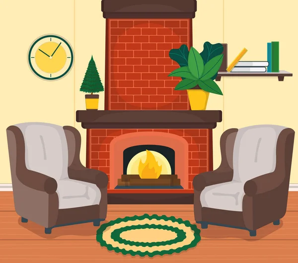 デザイン室内カントリーハウス アームチェア暖炉の壁の時計と鉢植えの植物の漫画のベクトルイラスト 木製の床カーペット 教科書とサイドシェルフ リラックスした休息のための場所 — ストックベクタ