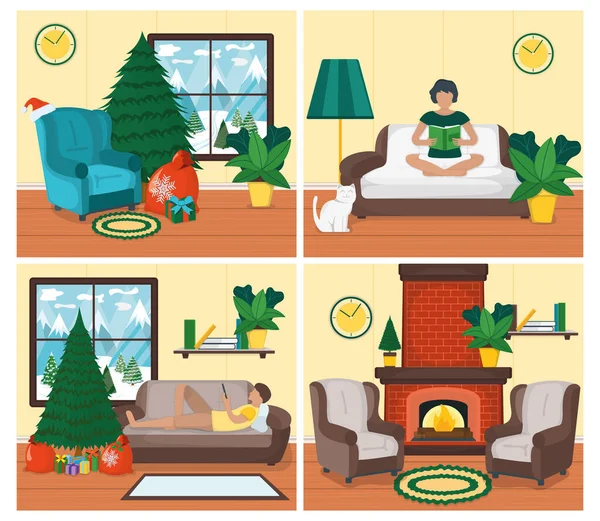キャラクター女性 男は田舎の家 クリスマスとクリスマスのコンセプトデザイン居心地の良いインテリア場所セット漫画ベクトルイラストをリラックスします 猫と暖炉 新年を満たす場所からの冬の景色 — ストックベクタ