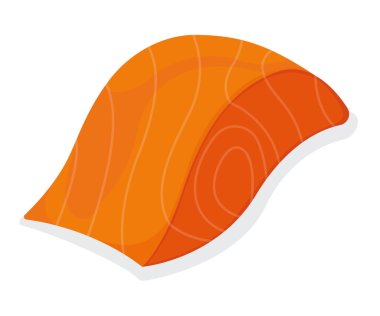 Parça balık ton balığı somonu, taze balık filetosu beyaz karikatür vektör illüstrasyonunda izole edilmiş. Sağlıklı şişman deniz ürünleri ikonu, mega 3 yiyecek. Izgara için kambur balina parçası, Asya yemek konsepti logosu.