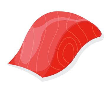 Parça balık ton balığı somonu, taze balık filetosu beyaz karikatür vektör illüstrasyonunda izole edilmiş. Sağlıklı şişman deniz ürünleri ikonu, mega 3 yiyecek. Izgara için kambur balina parçası, Asya yemek konsepti logosu.