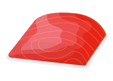 Parça balık ton balığı somonu, taze balık filetosu beyaz karikatür vektör illüstrasyonunda izole edilmiş. Sağlıklı şişman deniz ürünleri ikonu, mega 3 yiyecek. Izgara için kambur balina parçası, Asya yemek konsepti logosu.