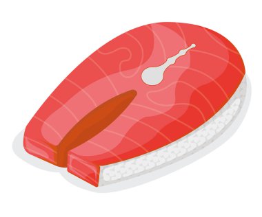 Parça balık ton balığı somonu, taze balık filetosu beyaz karikatür vektör illüstrasyonunda izole edilmiş. Sağlıklı şişman deniz ürünleri ikonu, mega 3 yiyecek. Izgara için kambur balina parçası, Asya yemek konsepti logosu.