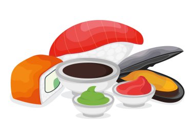 Balık somon balığı, wasabi soya soslu taze ton balığı ve zencefil. Okyanus midyesi karikatür vektör çizimi. Omega 3 yiyecek, sağlıklı deniz ürünleri ikonu. Asya Japon mutfağı konsepti.