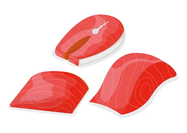 魚のマグロのサーモンのセット 漫画のベクトルイラストに隔離された新鮮なミンノウステーキヒレ肉 健康的な脂肪の魚介類のものアイコン メガ3食品 グリル アジア料理のコンセプトのためのザブザブ — ストックベクタ