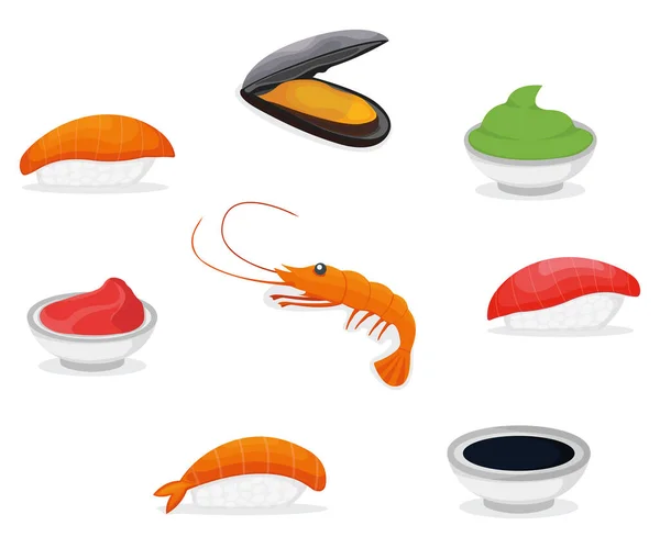 魚の鮭寿司のアイコン 新鮮な海の貝とエビ 醤油わさびと生姜の漫画のベクトルイラストのセット アジアの日本料理のコンセプト オメガ3食品 健康的な魚介類アイコン — ストックベクタ