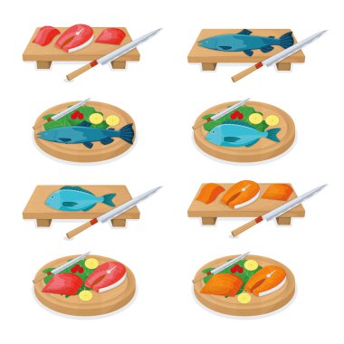 Tahta mutfak tahtasının üzerinde ton balıklı rulo ve somon balıklı balık dilimleme, karikatür vektör çizimlerine izole edilmiş. Tasarım hazırlama deniz ürünleri, yemek pişirmek için özel malzemeler, keskin bıçak dilimleri..