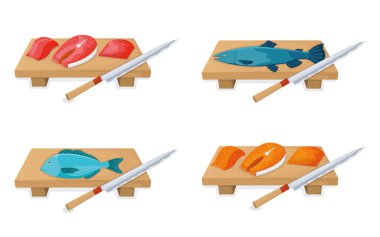 Tahta mutfak tahtasının üzerinde ton balıklı rulo ve somon balıklı balık dilimleme, karikatür vektör çizimlerine izole edilmiş. Tasarım hazırlama deniz ürünleri, yemek pişirmek için özel malzemeler, keskin bıçak dilimleri..