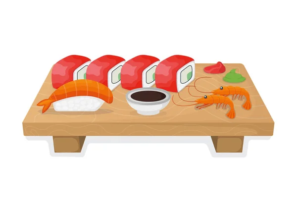 Conjunto Sushi Tablero Cocina Madera Rollos Atún Salmón Minnow Concepto — Vector de stock