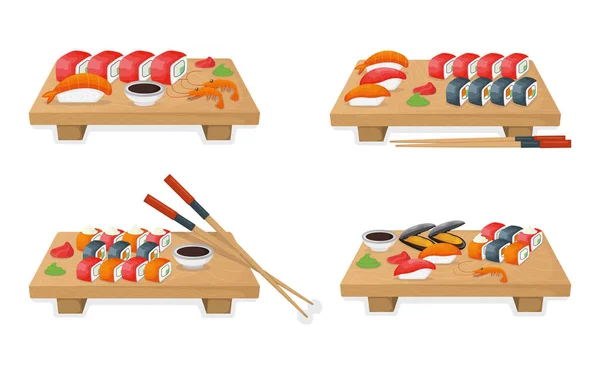 Set Sushi Auf Hölzernem Küchenbrett Thunfisch Fischbrötchen Und Lachs Elritze — Stockvektor