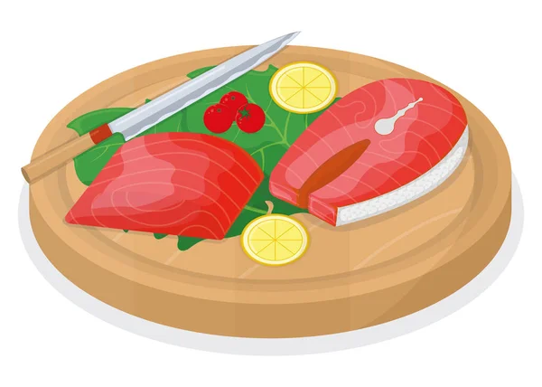 漫画のベクトルイラストに隔離された木製のキッチンボードのコンセプトでマグロの魚のロールとサーモンのミンナウを切り取ります デザインの準備魚介類 料理のための特別なもの 鋭いナイフスライス肉 — ストックベクタ