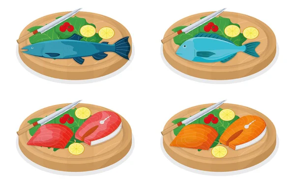 漫画のベクトルイラストに隔離された木製のキッチンボードのコンセプトでマグロの魚のロールとサーモンのミンナウを切り取ります デザインの準備魚介類 料理のための特別なもの 鋭いナイフスライス肉 — ストックベクタ