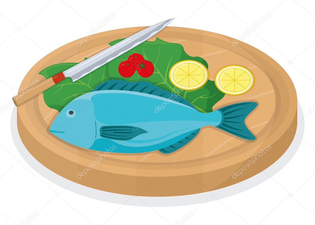 Cut up tuna fish roll and salmon minnow on wooden kitchen board concept isolated on white, cartoon vector illustration. Design preparation seafood, special stuff for cooking, sharp knife slice meat.