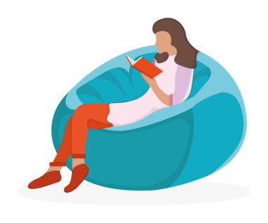 Yumuşak koltukta oturan kadın karakter, kitap okuyan kadın ve çalışma beyaz, düz vektör illüstrasyonunda izole edilmiş. Çizgi film tasarımı konsepti, kız dinlenme ve araştırma hacmi gibi şeyler..