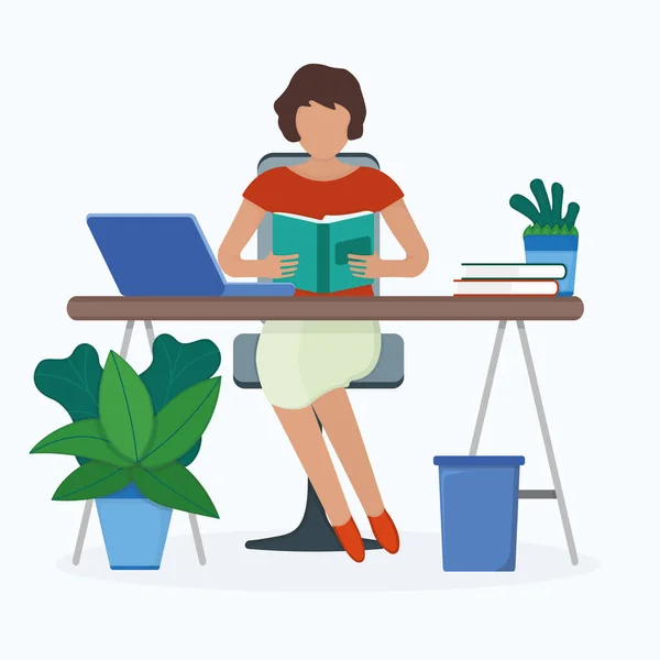 Donna Personaggio Seduta Sul Posto Lavoro Tavolo Femminile Leggere Libro — Vettoriale Stock