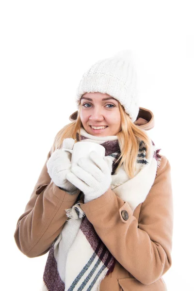 Girl with a cup of tea in the winter Stock Photo