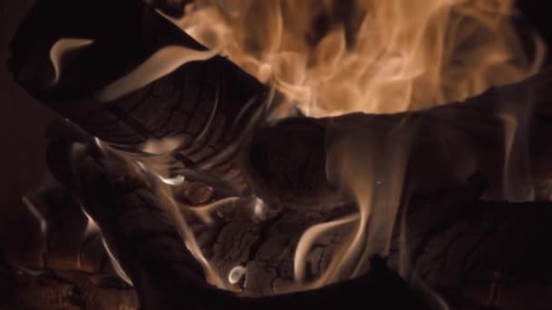 Ogień z drewna opałowego w kominku zbliżenie — Wideo stockowe