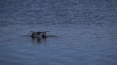 Yavaş çekimde suyun üzerinde süzülen kuadkopter.