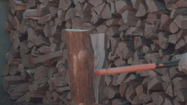 Chopping ax with a log in slow motion — Stock Video