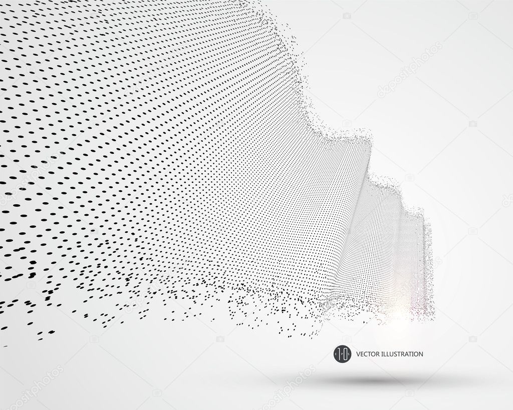 Wave-like pattern composed of particles, science and technology illustration.