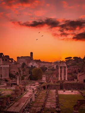 Roma ve Roman Forum sonbaharda (Güz) bir gündoğumu güzel çarpıcı gökyüzü ve gündoğumu renkler ile