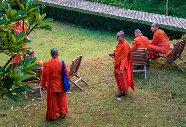 Тайские Буддистские Монахи Разговаривают Веселятся Красивом Парке Паи Таиланд — стоковое фото