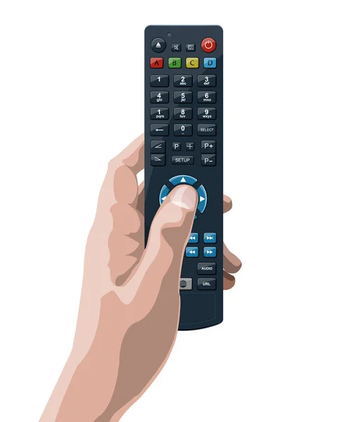 Hand med Tv-fjärrkontrollen på vit bakgrund. — Stockfoto