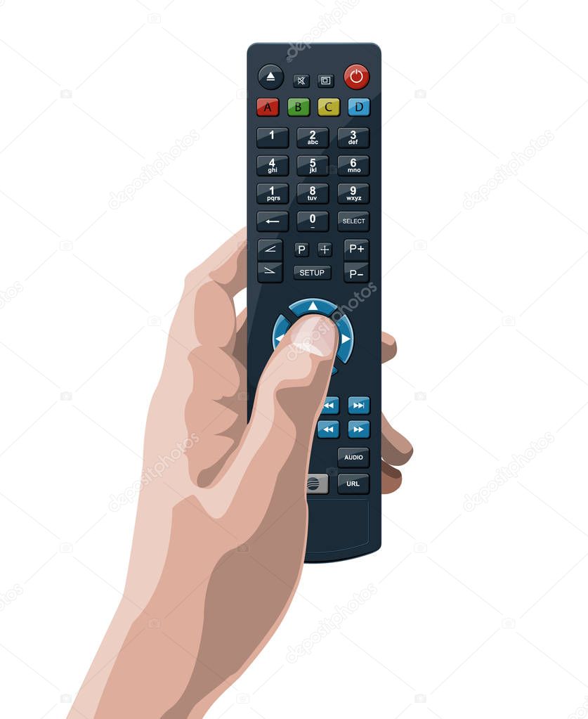 Tv remote control in hand. Vector illustration.