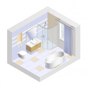 Modern banyo iç izometrik. İn kiremit rengini değiştirmek kolay. Vektör çizim.