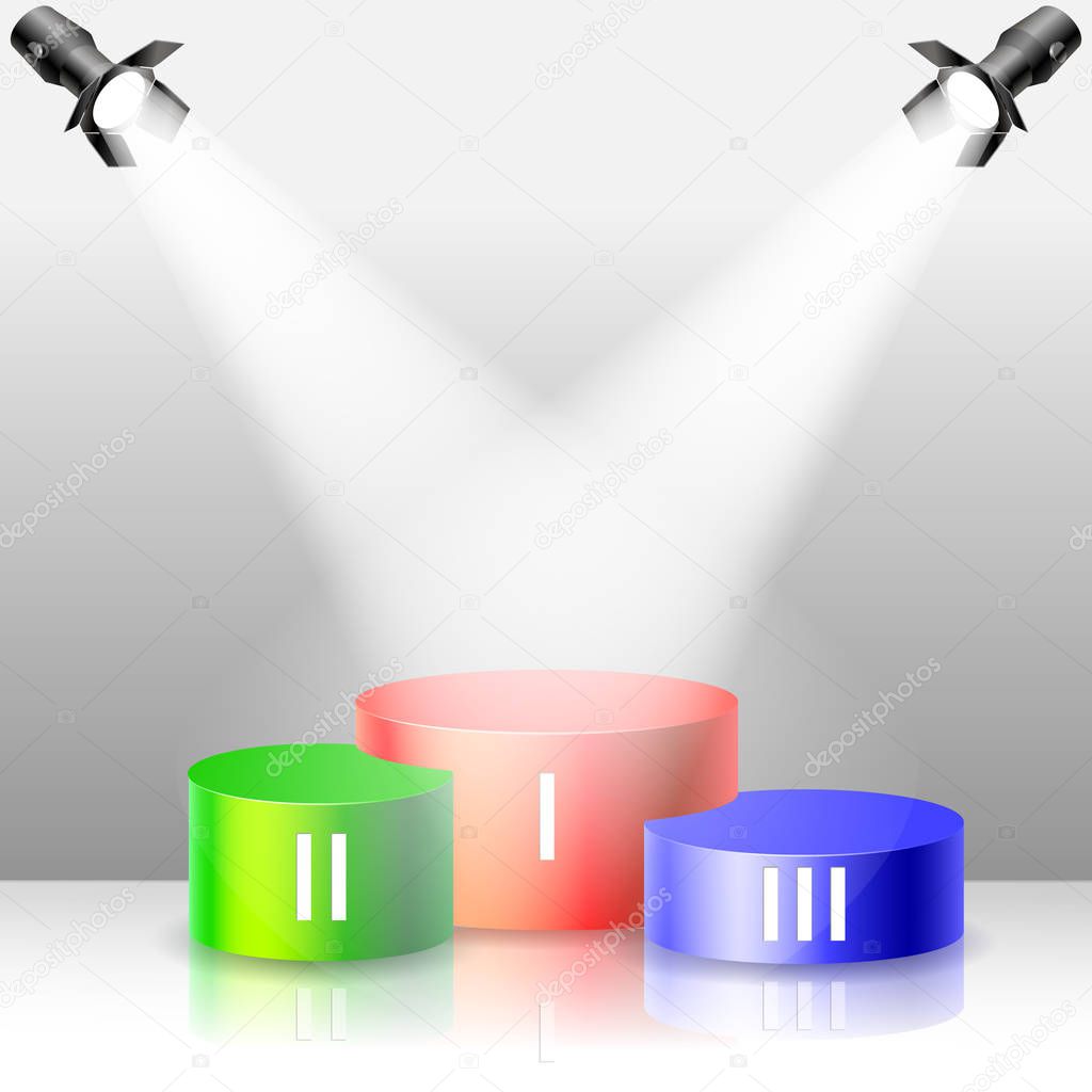 Colors winners podium. Pedestal. Spotlight. Vector illustration.