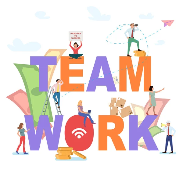 Skizze von arbeitenden kleinen Leuten mit großem Wort Teamwork. Doodle niedliche Miniaturszene von Arbeitern. Vektor-Illustration für Business Design und Infografik. — Stockvektor