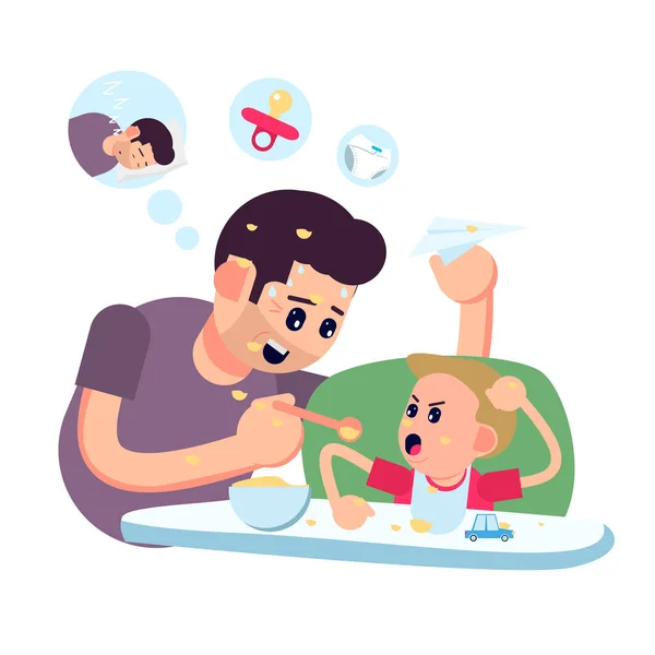 Father feeding his baby son sitting on kids eating chair. Holding hands with spoon going to mouth. Modern flat style vector illustration cartoon clipart. — Stock Vector