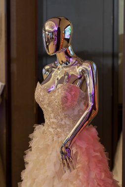 Gösterişli elbisesi olan gümüş plastik bebek.