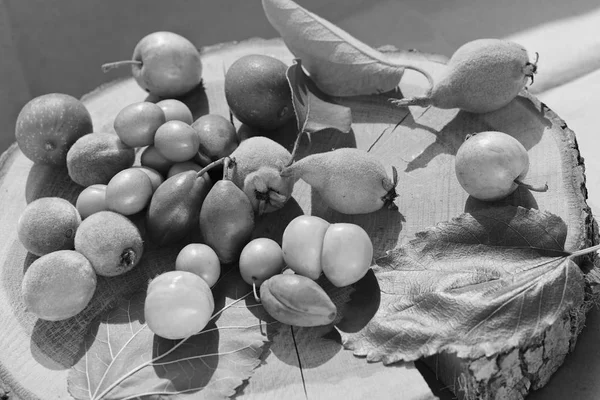 miscellaneous not ripe fruit in a pile on a wooden board