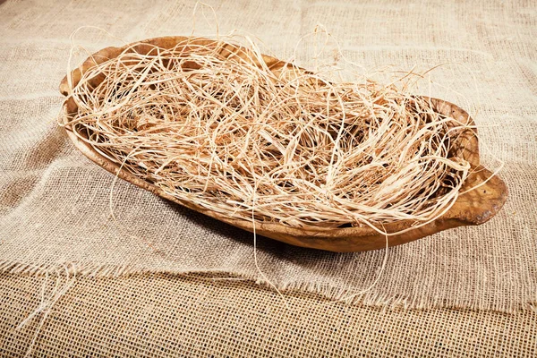 Old Wooden Oval Bowl Straw Linen Cloth Royalty Free Stock Images