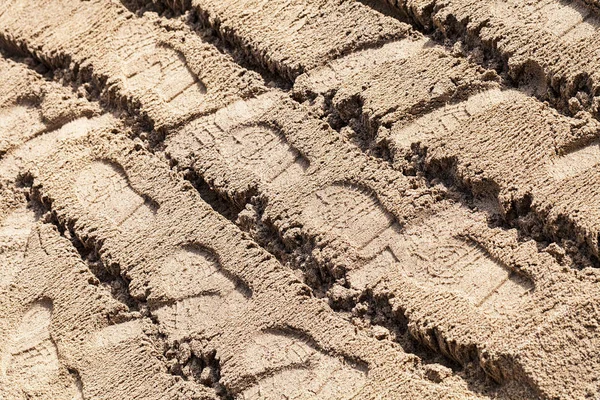 Voetafdrukken Het Zand Bij Bouwplaats Ondiepe Scherptediepte — Stockfoto