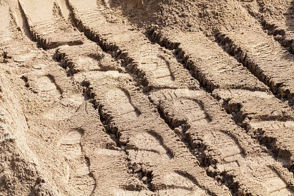 Footprints Sand Construction Site Note Shallow Depth Field — Stockfoto