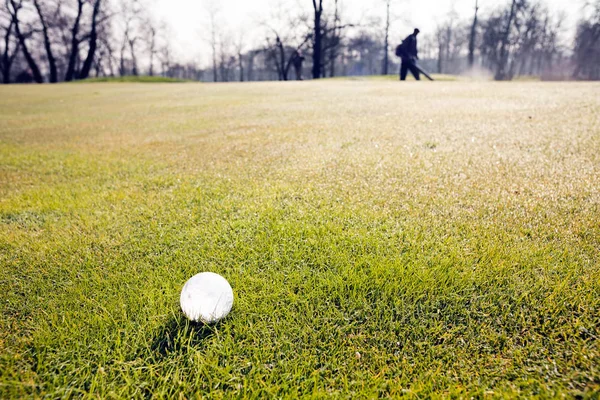 Bola Golfe Branco Campo Gramado Observe Profundidade Rasa Campo — Fotografia de Stock