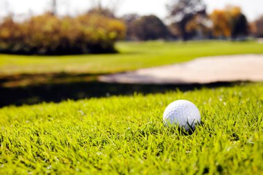 Yeşil çimlerin üzerindeki golf topu, alanın derinliğine dikkat edin.