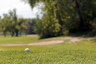 Yeşil çimlerin üzerindeki golf topu, alanın derinliğine dikkat edin.