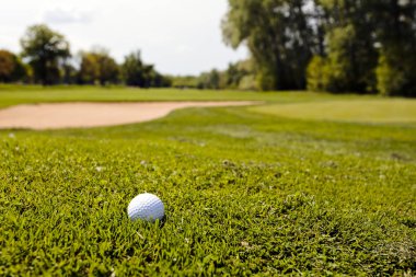 Yeşil çimlerin üzerindeki golf topu, alanın derinliğine dikkat edin.