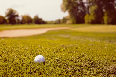 Yeşil çimlerin üzerindeki golf topu, alanın derinliğine dikkat edin.