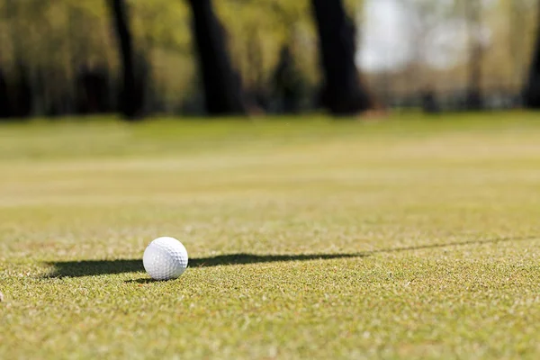 Bola Golfe Branco Campo Gramado Observe Profundidade Rasa Campo — Fotografia de Stock