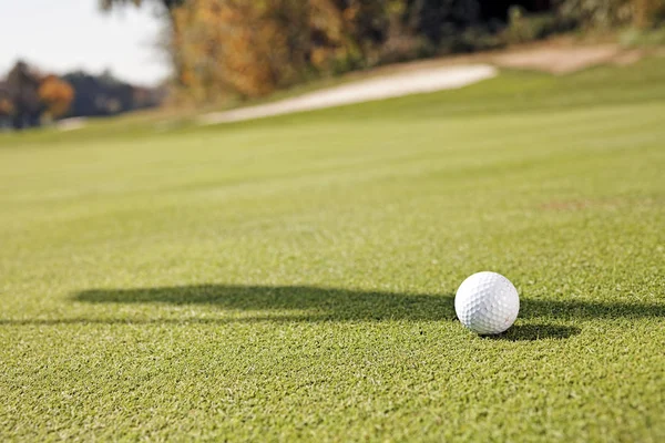 Bola Golfe Branco Campo Gramado Observe Profundidade Rasa Campo — Fotografia de Stock